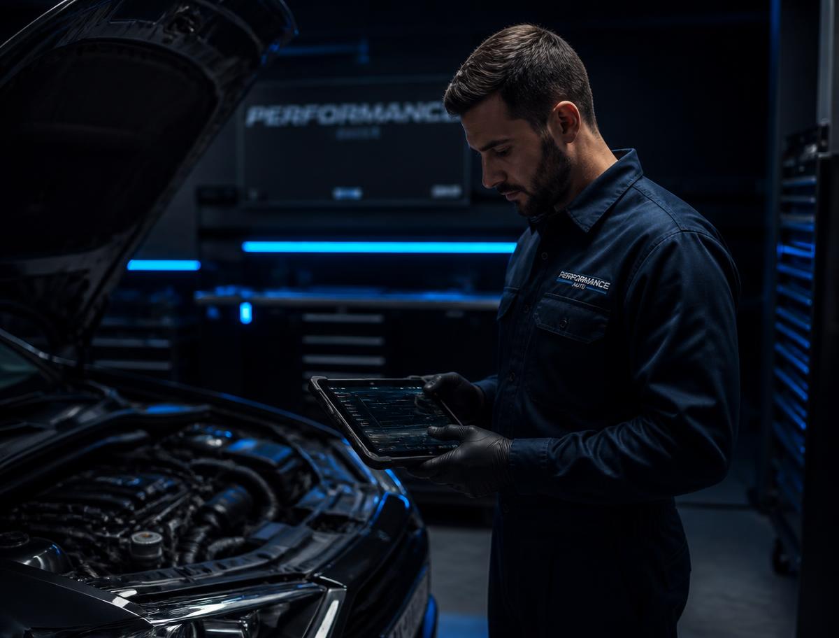 Mecánico realizando diagnóstico computarizado de una transmisión automática